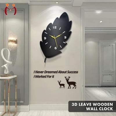 3D Leaf Wall Clock Black Modern Decor