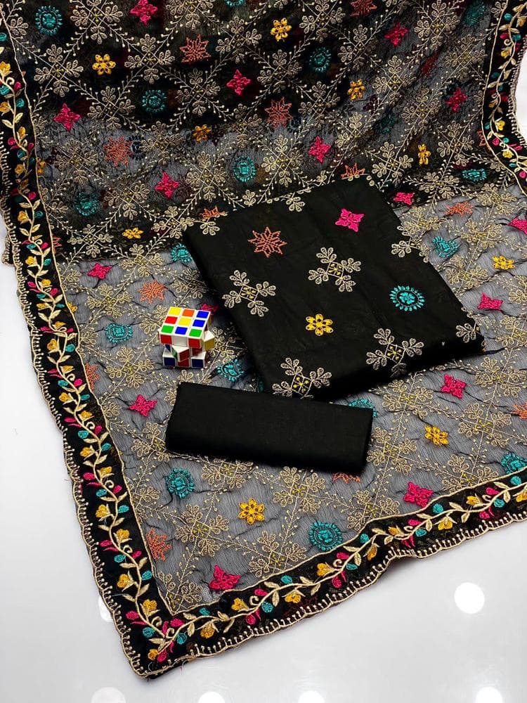 Black Embroidered Cotton Suit for Women with Khaadi Net Dupatta