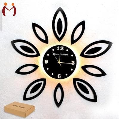 3D Laser Cut Wooden Wall Clock Black Backlight
