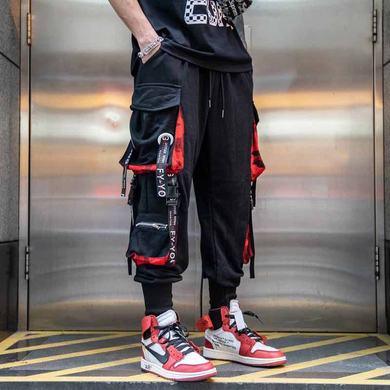 Men Loose Cargo Pants Black Red Multi-Pocket Winter