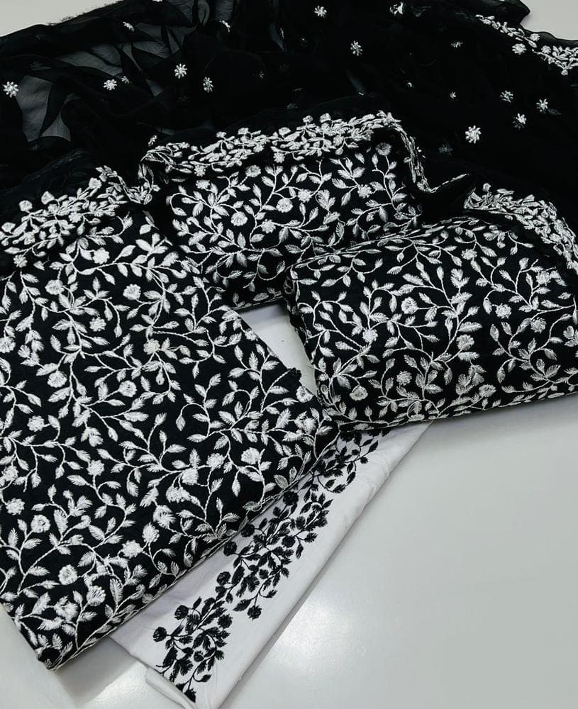 Black Floral Embroidered 3-Piece Cotton Suit for Women