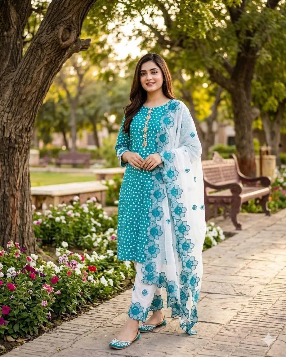 Green Digital Print Lawn Shirt with Embroidered Cotton Trouser & Chiffon Dupatta